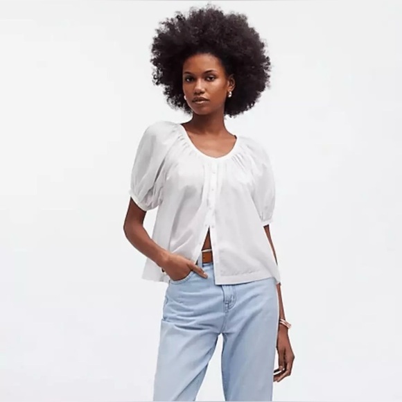 Madewell Womens Cotton Blend Puff-Sleeve A-Line Top NQ540 Sz Medium In White NWT - Picture 1 of 4